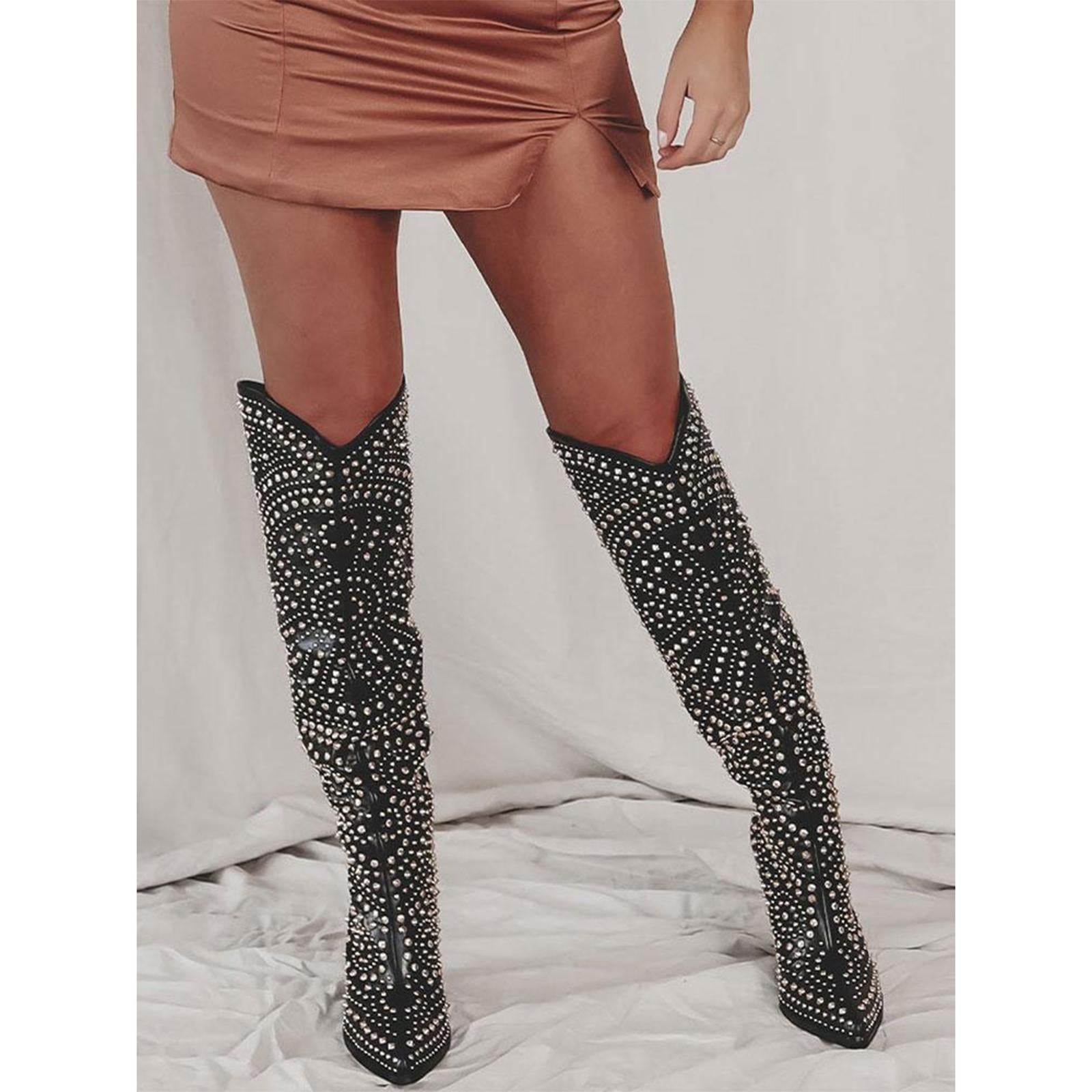 Tuhoomall Western Style Mid Calf Cowboy Boots with Chunky Heel, Pointed Toe, Zipper Closure, Studded Design, Vegan Leather, Ideal for Spring, Fall & Winter