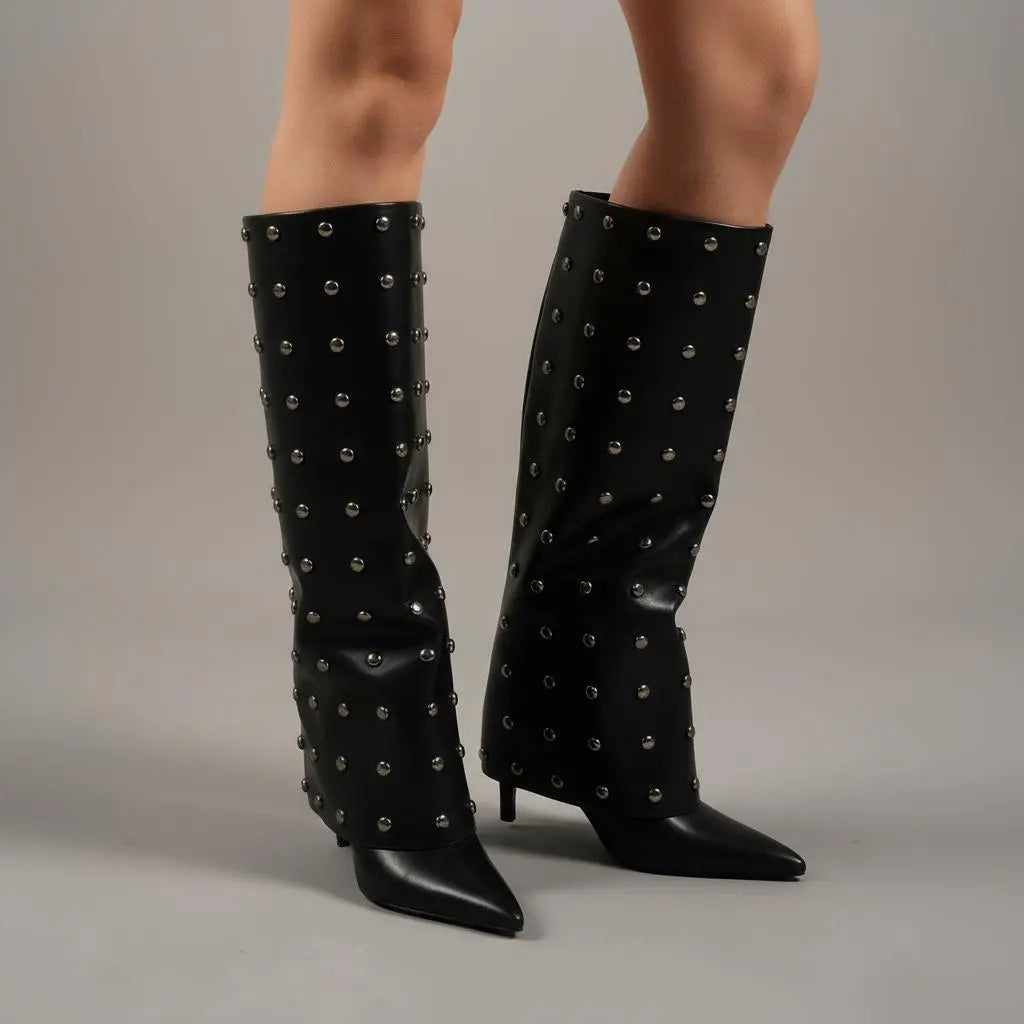 Tuhoomall Foldable Knee High Boots with Studs and Polka Dot Design for Outdoor Fashion Casual Style Tuhoomall