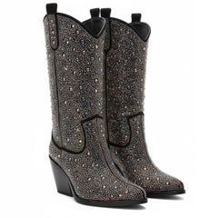 Tuhoomall Western Ankle Boots With Rhinestones, Mid Heel 3.00 in, Faux Leather, Stylish For Parties, Weddings, Performances