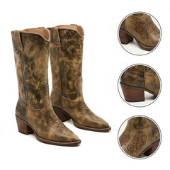 Tuhoomall Western Vintage Cowgirl Boots, Mid-Calf Ankle Booties, Casual Retro Style, Embroidered Design with Chunky Heel Tuhoomall