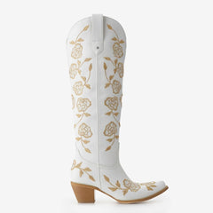 Tuhoomall Western Embroidered Knee-High Boots for Women, Floral Chunky Heel, Slip-On Design for Weddings and Casual Outings