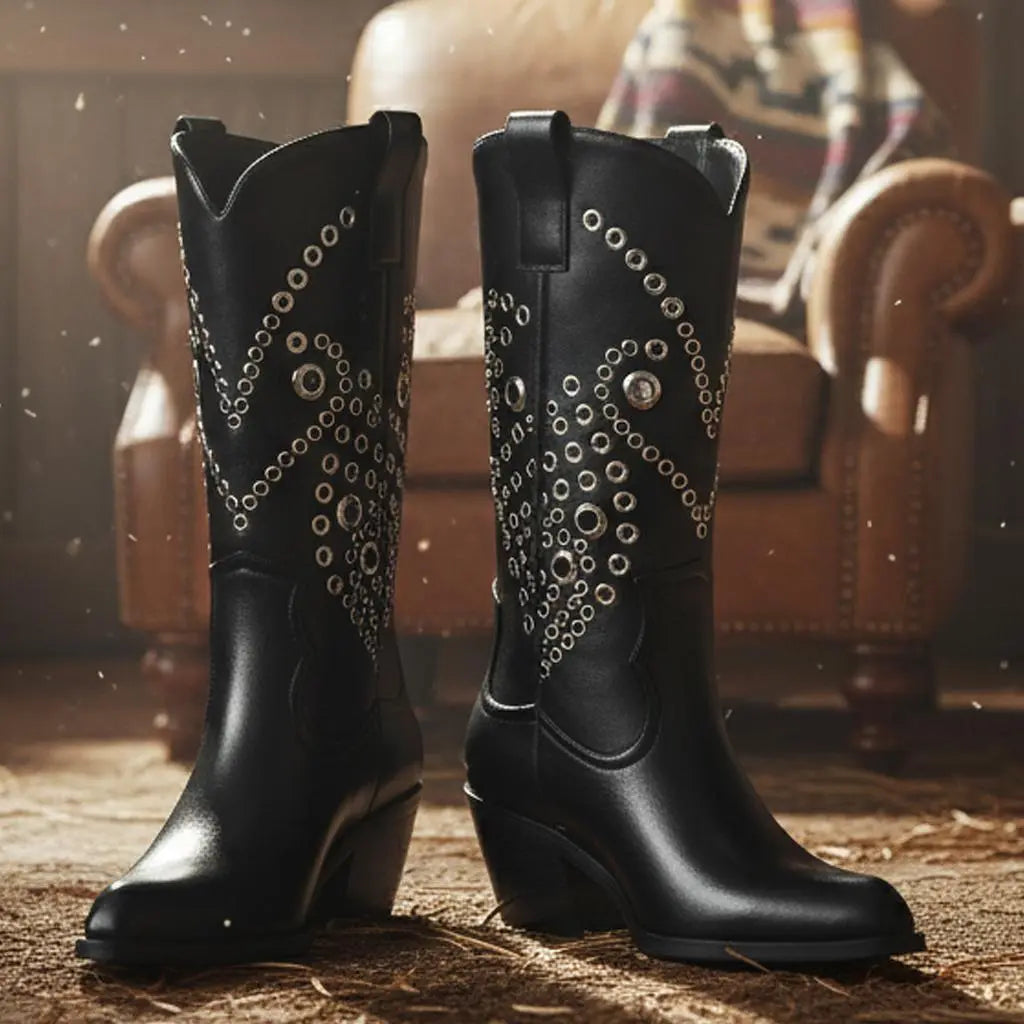 Tuhoomall Western Cowboy Short Boots For Women, Fashionable Casual Style, Pointed Toe, Chunky Heel, Slip-On Design, Unique Graphic Pattern, All Seasons Tuhoomall