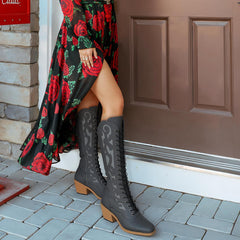 Tuhoomall Womens Chunky Heel Cowboy Western Boots  Lace Up Retro Mid Calf Boots Riding Snip Toe Cowgirl Riding Boots