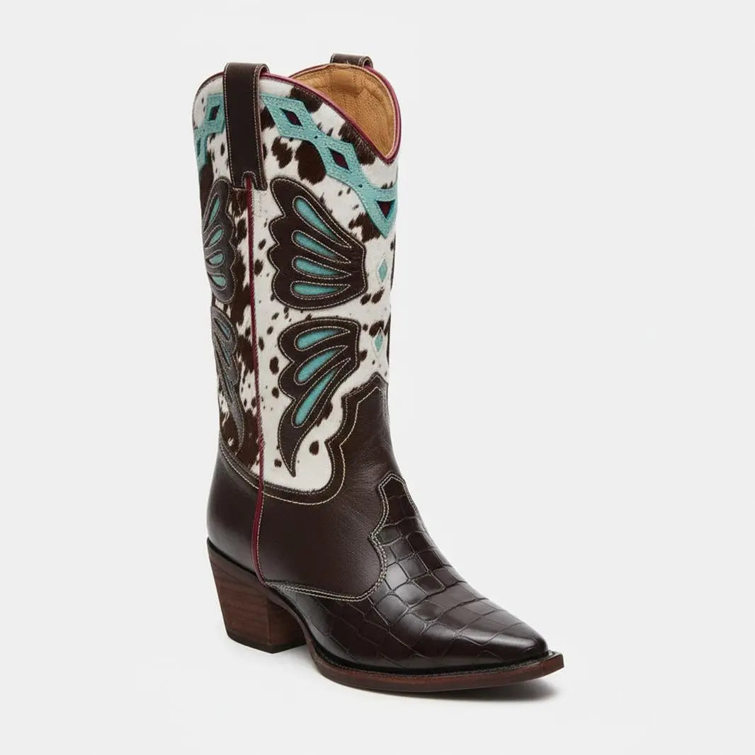 Tuhoomall Western Cowboy Boots for Women, Floral and Animal Print, Chunky Heels, Perfect for Parties and Fashion Events, Easy Slip-On Style Tuhoomall