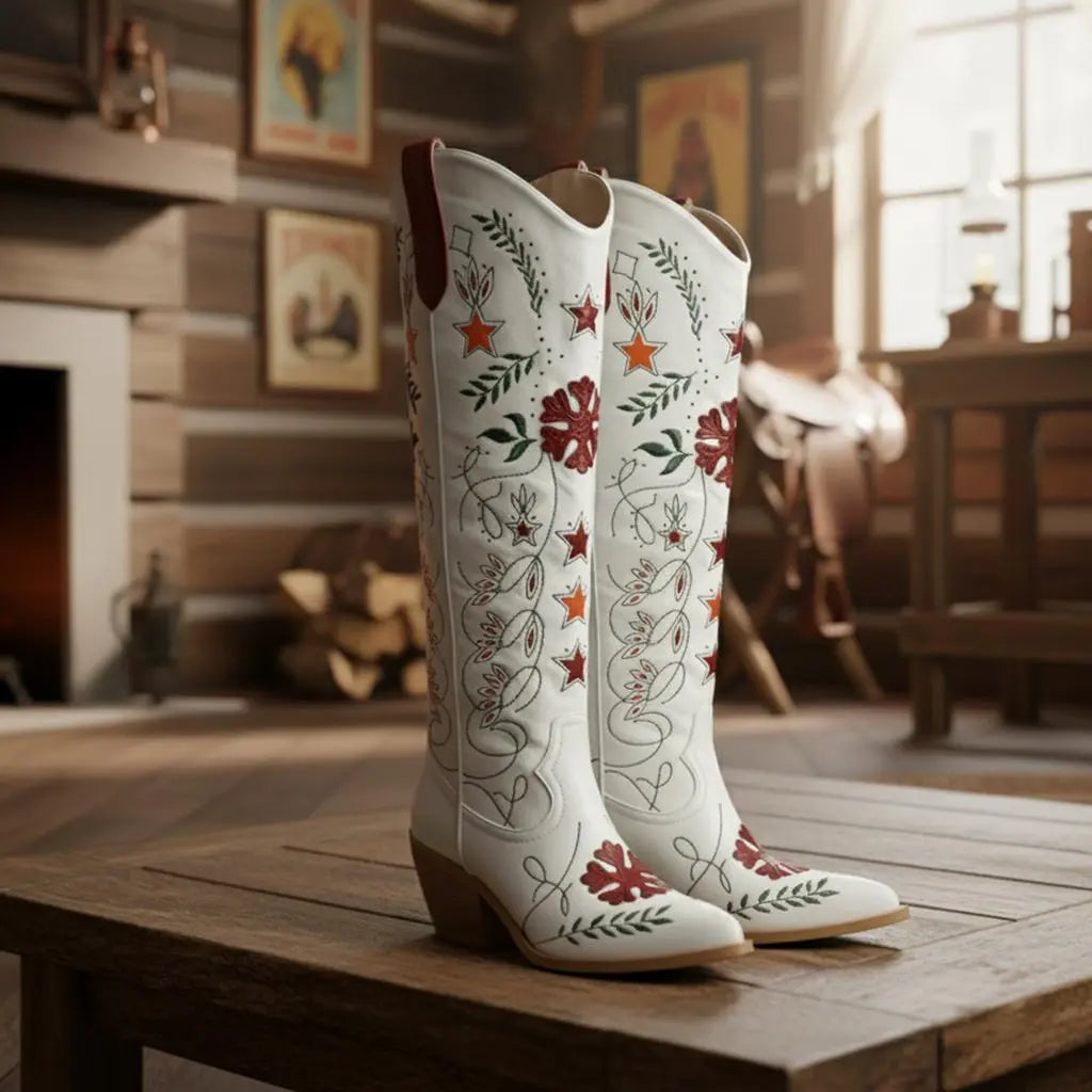 Tuhoomall Western Cowboy Knee-High Boots with Floral Embroidery, Chunky Heels for Fashion, Outdoor and Casual Wear, Unique Hollow Design, All-Season Ready Tuhoomall