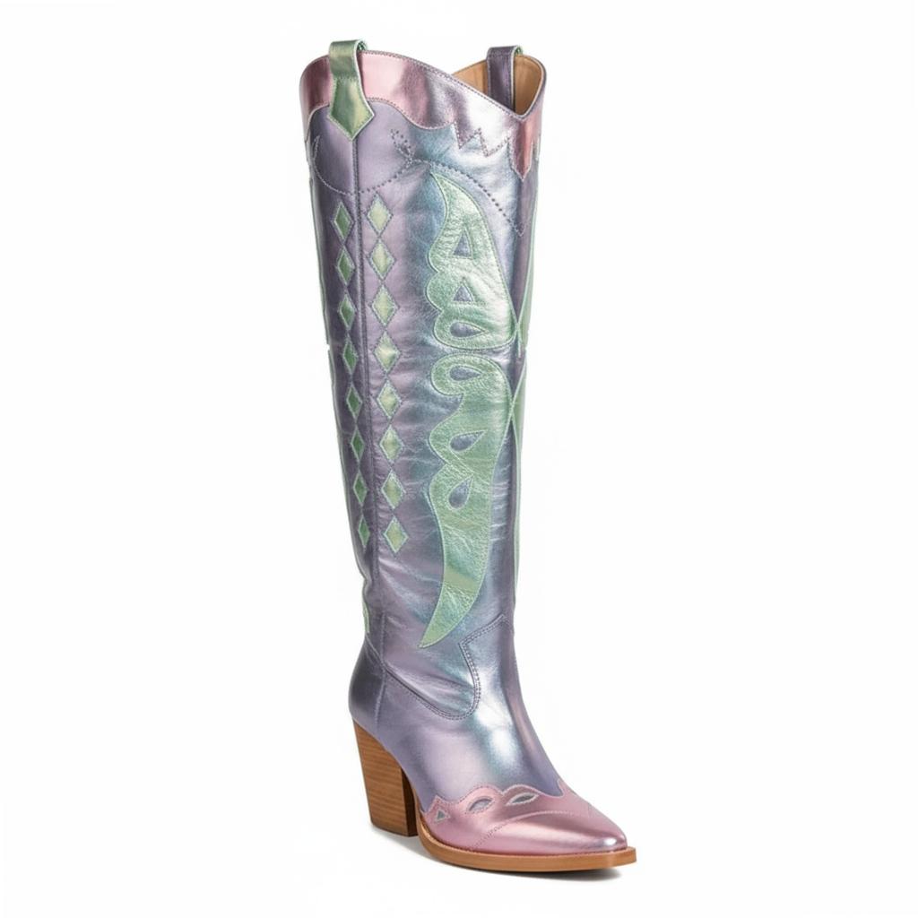 Tuhoomall Western Cowgirl Mid Calf Boots with Snip-Toe and Chunky Heel for Fashion Parties and Performances, Animal Pattern, Metallic Bright Surface