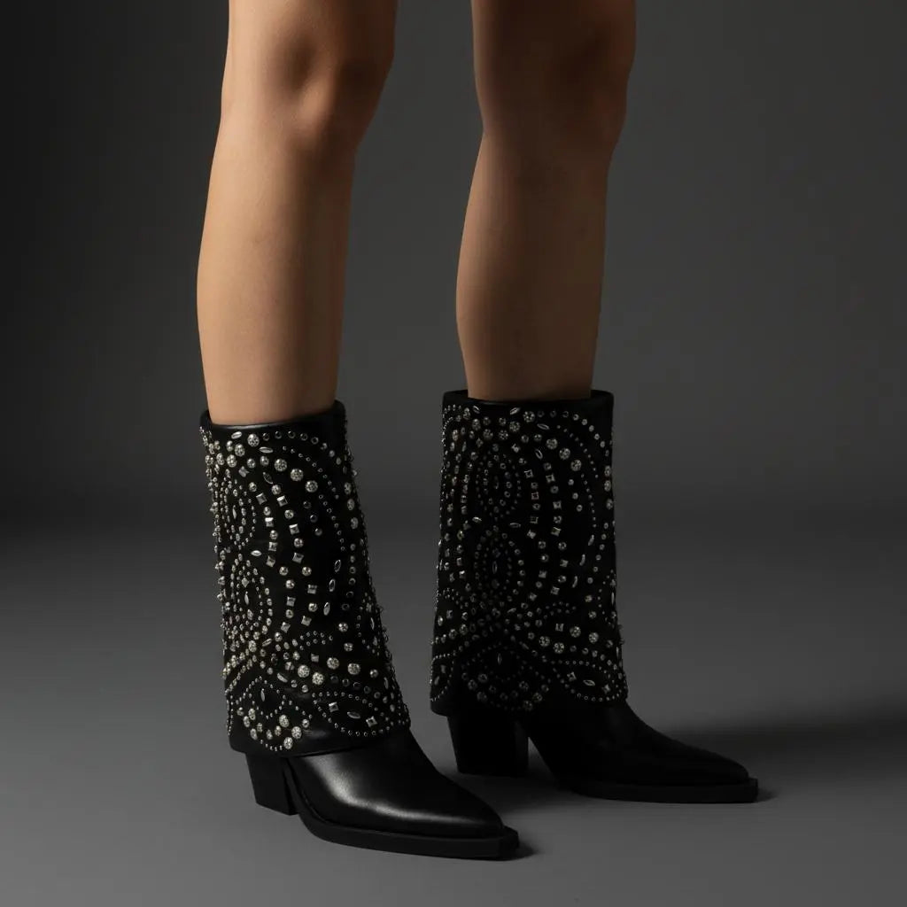 Tuhoomall Ankle Boots for Women, Stylish and Comfortable, Perfect for Parties and Casual Outings, Studded Design with Metal Buckle, 10cm Chunky Heel Tuhoomall