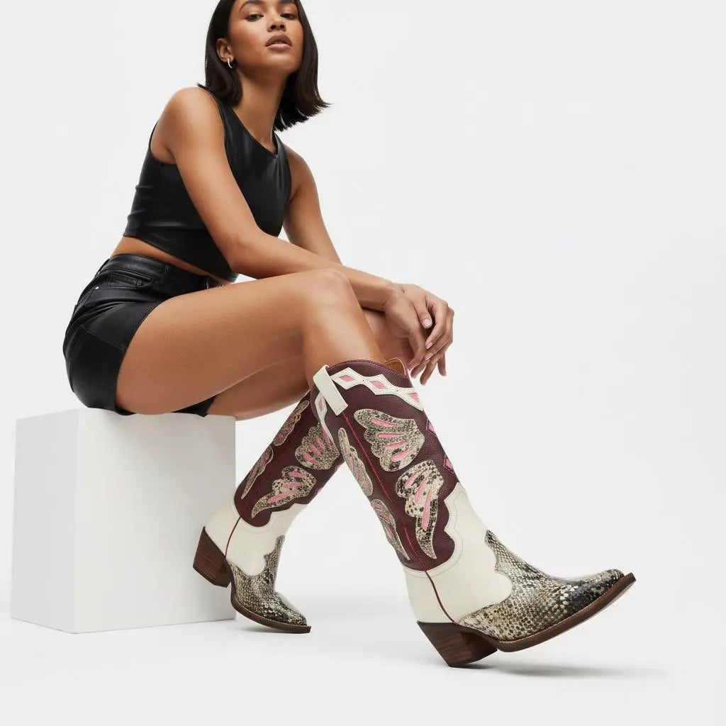 Tuhoomall Western Cowboy Boots for Women, Floral and Animal Print, Chunky Heels, Perfect for Parties and Fashion Events, Easy Slip-On Style Tuhoomall