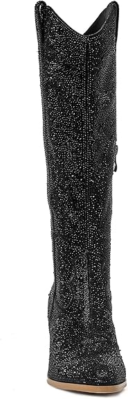 Tuhoomall Rhinestone Western Mid Calf Boots For Women - Chunky Heel & Easy Zip Closure, Stylish For Travel And Weddings