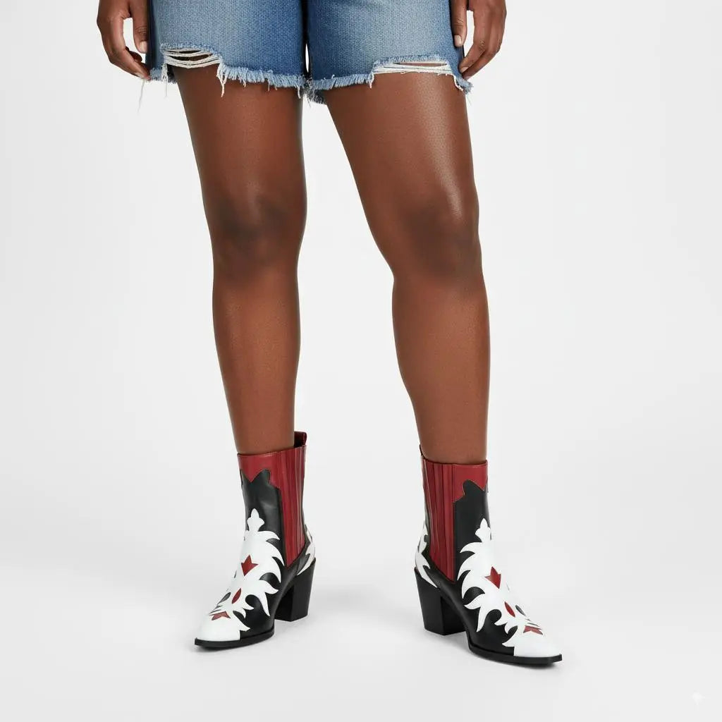 Tuhoomall Fashion Women's Short Boots with Chunky Heel, Pointed Toe, Floral Embroidery, Casual and Business Wear for All Seasons Tuhoomall