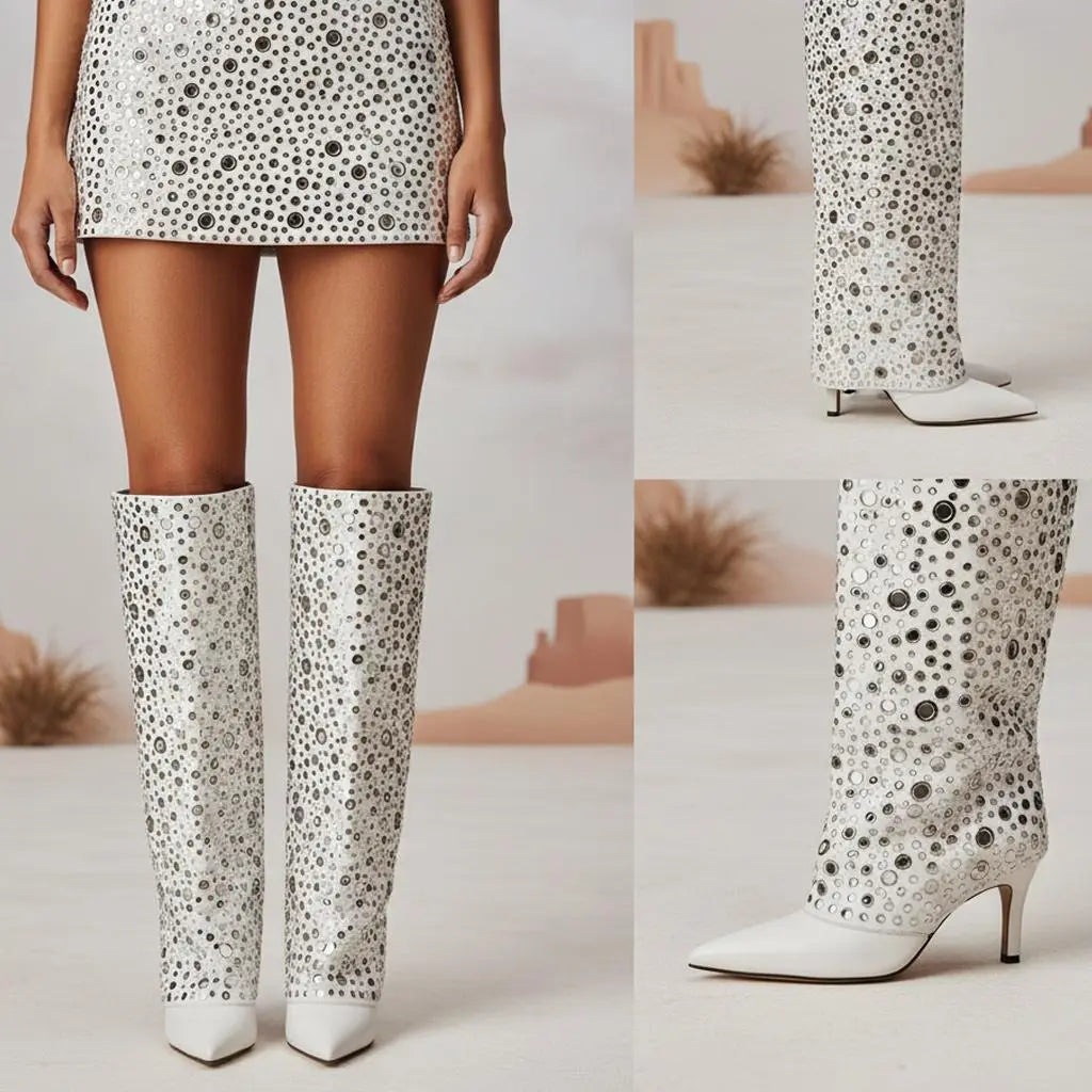 Tuhoomall Sparkling Knee-High Glitter Wedge Boots for Parties, Performances, and Fashion Events - Comfortable, Trendy, with Elegant Geometric Design Tuhoomall