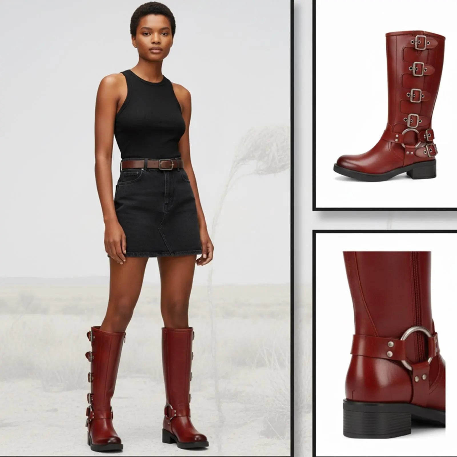 Tuhoomall Vintage Stylish Casual Boots for Women, Comfortable Mid-Calf Square-Toe with Chunky Heel, Adjustable Buckle, All-Season Wear Tuhoomall