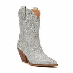 Tuhoomall Rhinestone Embellished Ankle Boots for Women, Chunky Heel 6.5 cm, Slip-On Pointed Toe Short Booties for Parties and Weddings