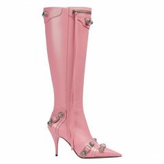 Tuhoomall Comfortable Knee-High Fashion Boots with Zip and Studded Design, 10cm High Heel for Parties, Weddings, and Everyday Stylish Looks