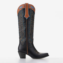 Tuhoomall Western Cowgirl Mid Calf Boots With Embroidery Slip-On Design, Chunky Heel For Fashion Casual Style, Snip-Toe, Perfect For All Seasons