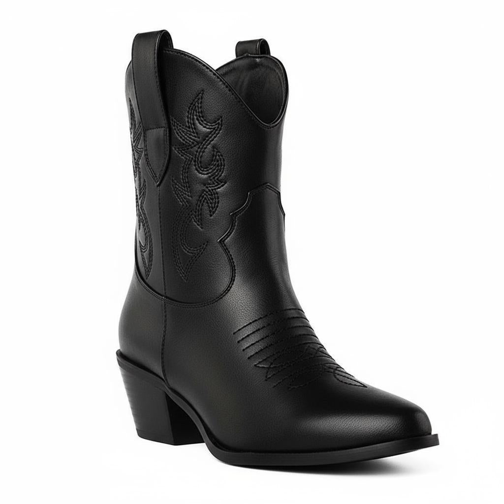 Tuhoomall Western Ankle Boots with Embroidered Pattern, 5cm Chunky Heel, Slip-On Design for Fashion and Travel, Durable Synthetic Fabric Lining