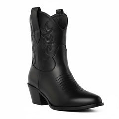 Tuhoomall Western Ankle Boots with Embroidered Pattern, 5cm Chunky Heel, Slip-On Design for Fashion and Travel, Durable Synthetic Fabric Lining