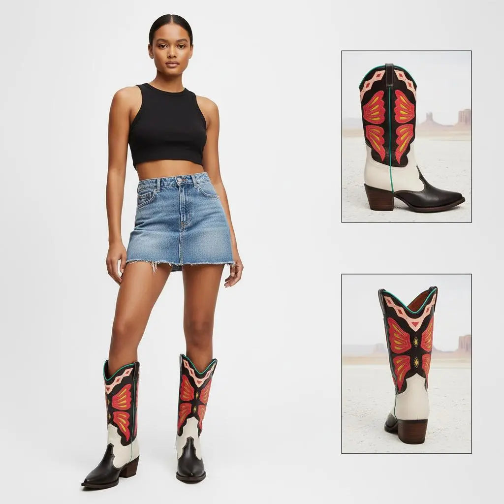 Tuhoomall Western Cowboy Boots for Women, Floral and Animal Print, Chunky Heels, Perfect for Parties and Fashion Events, Easy Slip-On Style Tuhoomall