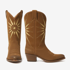 Tuhoomall Western Stylish Mid-Calf Boots for Women, Pointed Toe, Casual Patchwork Design, Comfortable Mid Heel, All-Season Wear