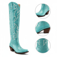 Tuhoomall Western Knee-High Boots with Elegant Embroidery, Stylish Mid Heel for Casual and Office Wear, Durable Faux Suede Leather, All-Season Fashion