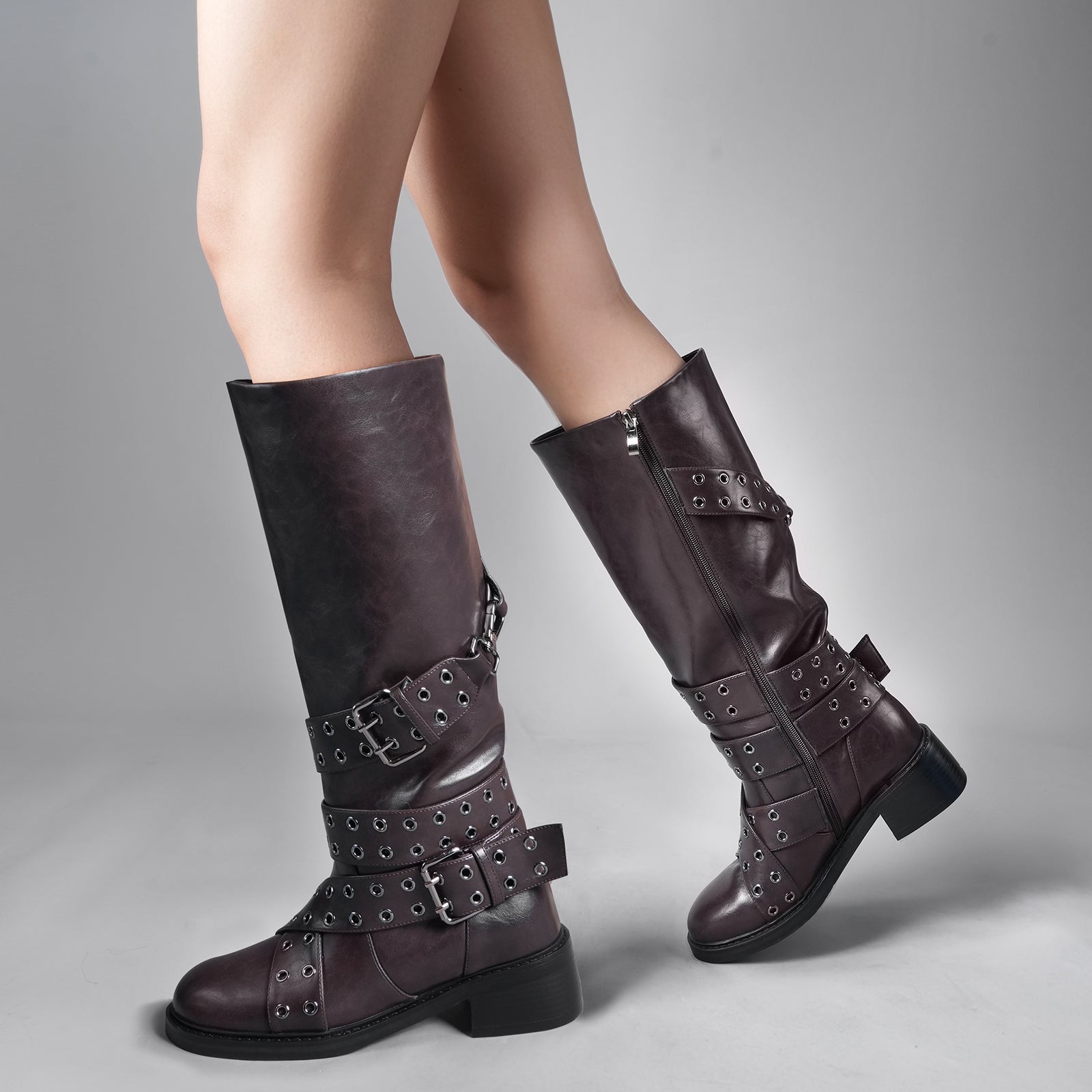 Tuhoomall Knee-High Stylish PU Combat Boots for Women with Adjustable Buckles and Metallic Accents, Casual and Formal Wear, Comfortable Low Chunky Heel
