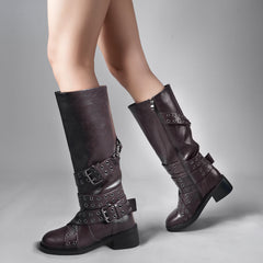 Tuhoomall Knee-High Stylish PU Combat Boots for Women with Adjustable Buckles and Metallic Accents, Casual and Formal Wear, Comfortable Low Chunky Heel