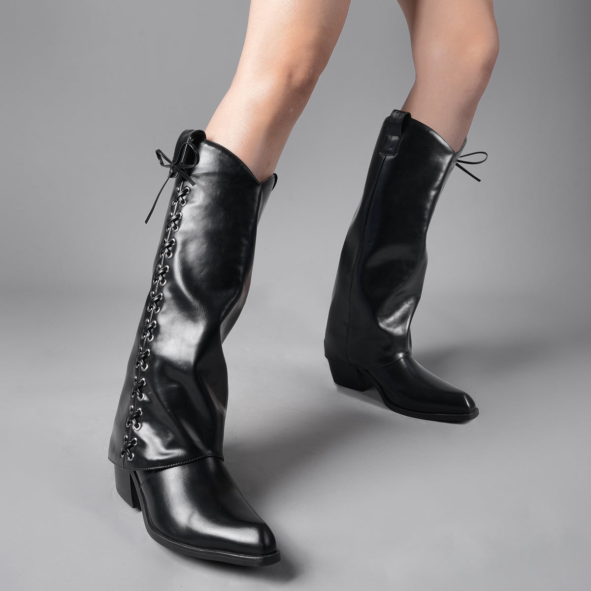 Tuhoomall Knee High Boots - Comfortable Chunky Heel with Bow, Studded Design for Parties and Casual Outings