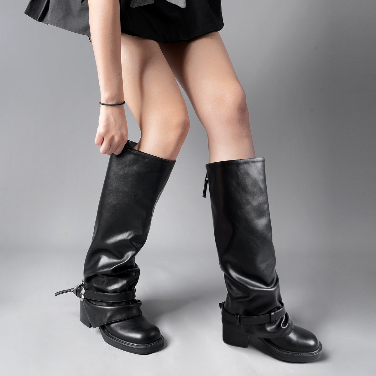Tuhoomall Knee High Women's Boots with Zipper, Stylish Low Chunky Heel, Trendy Metal Accents for Parties and Casual Outings