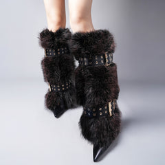 Tuhoomall Knee-High Folded Fashion Boots with Pointed Toe, Faux Fur Design, Adjustable Buckle, Stylish Rubber Sole for Parties and Performances