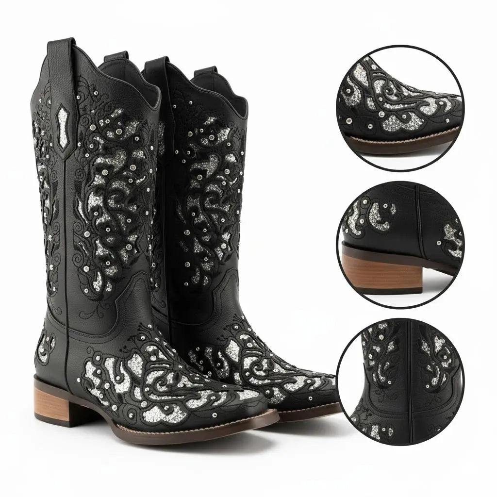 Tuhoomall Western Style Embroidered Mid-Calf Boots For Fashion, Travel, Outdoor - Chunky Heel, Faux Suede, Slip-On, Rhinestones, 3cm Heel Height Tuhoomall