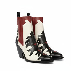 Tuhoomall Western Ankle Boots for Women, Pointed Toe Chunky Heel Booties, Fashion Slip-On with Applique and Elastic Side Panels, Casual Evening Wear