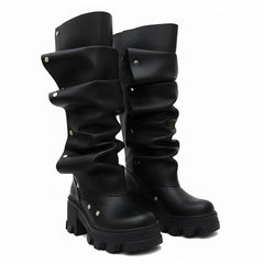 Tuhoomall Gothic Knee-High Boots for Women, Comfortable Chunky Heel, Stylish Slip-On Design for Casual Street Outings