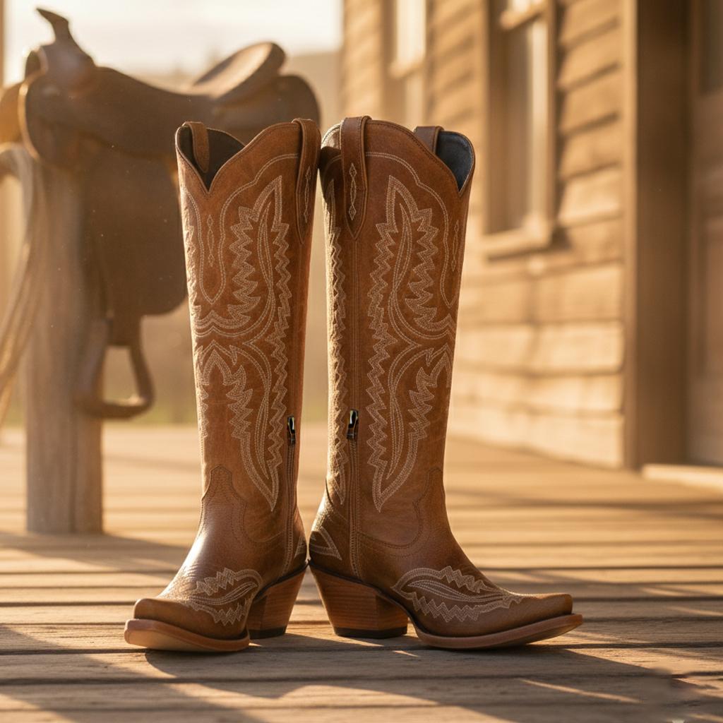 Tuhoomall Western Over-the-Knee Boots for Women, Floral Embroidered Chunky Heel, Comfortable Slip-On, Stylish for Travel and Outdoor Fashion