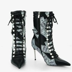 Tuhoomall Boots, Trendy PU Leather, 9cm Slim Heels, Lace-Up Closure, Perfect for Parties and Weddings Tuhoomall