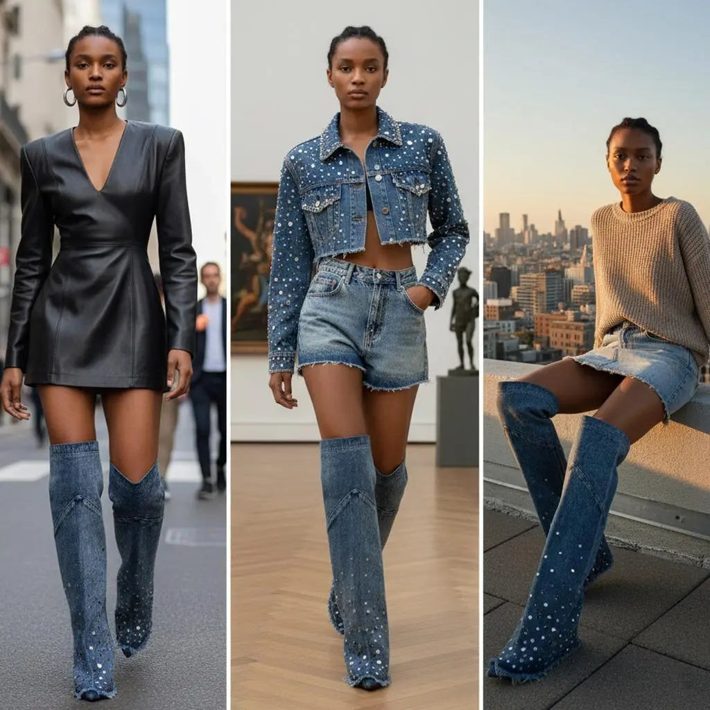 Tuhoomall Over-The-Knee Boots with Fringe and Studs for Party and Performance, Vintage Style, Slip-On Wedge Heel Tuhoomall