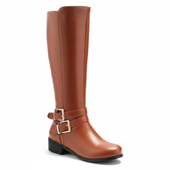 Tuhoomall Knee High Boots For Women With Round Toe And Low Chunky Heel, Classic Style For Parties And Performances, Adjustable Buckle Closure, Retro Fashion