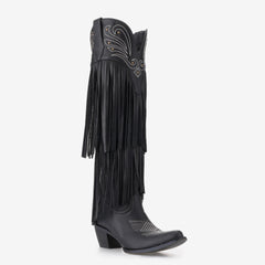 Tuhoomall Western Cowboy Boots for Women, Over-the-Knee Fashionable Performance Heels, Comfortable Pointed Toe with Fringe and Studs, All-Season Style