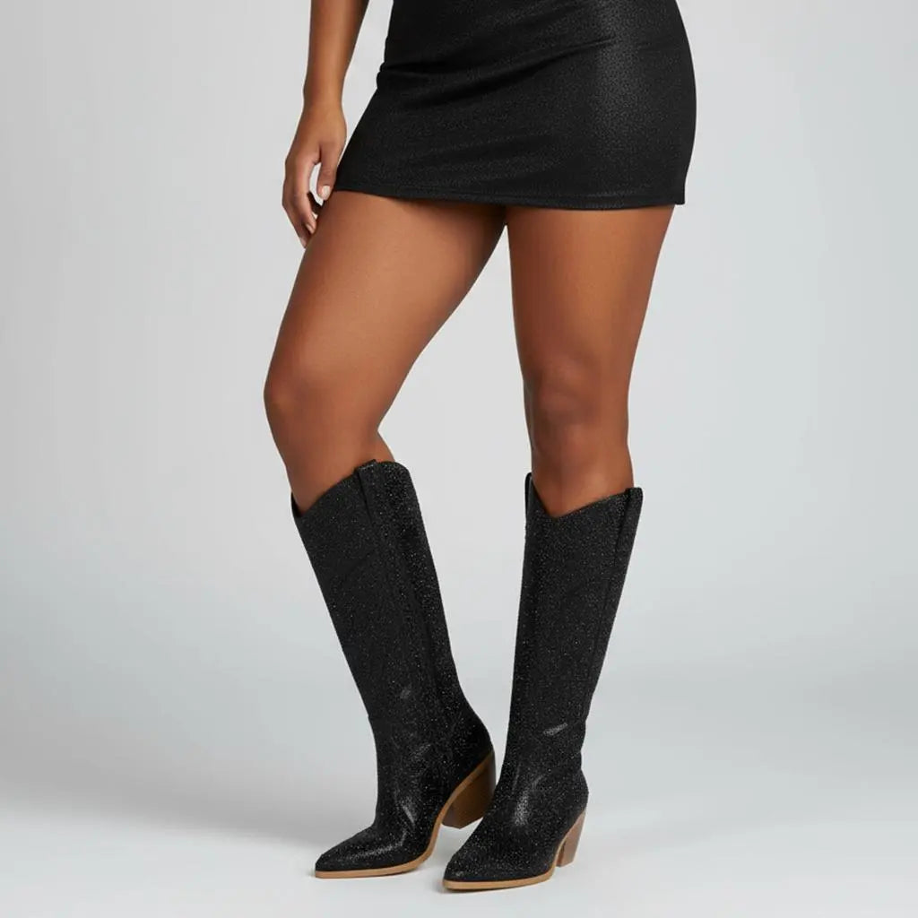 Tuhoomall Rhinestone Western Mid Calf Boots For Women - Chunky Heel & Easy Zip Closure, Stylish For Travel And Weddings Tuhoomall