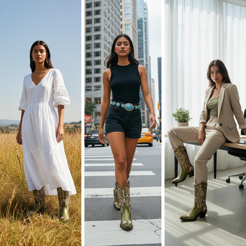 Tuhoomall Comfortable Western Boots for Fashion Parties and Daily Wear with Star and Letter Embroidery, Chunky Heel, Slip-On Design Tuhoomall