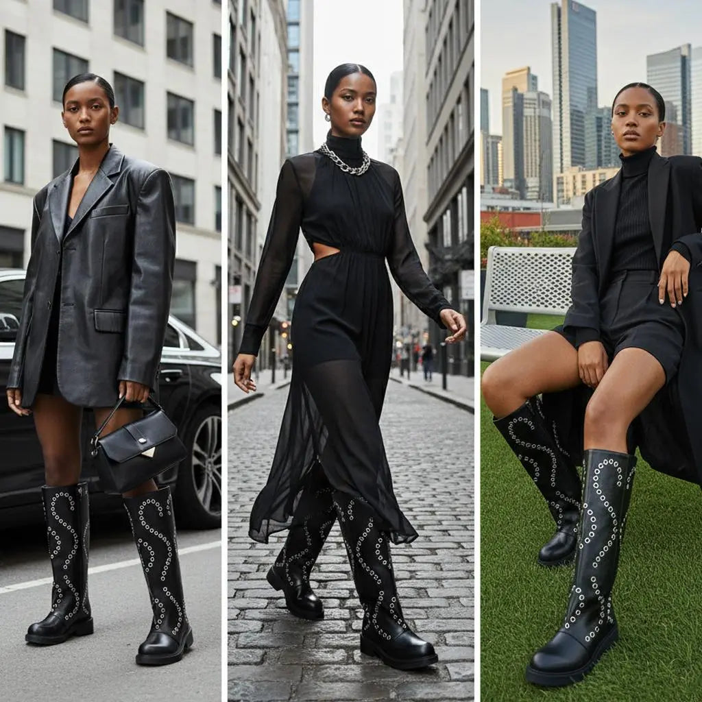 Tuhoomall Comfortable Knee-High Boots with Geometric Patterns, Low Heel, Perfect for Performances and Casual Fashion Tuhoomall