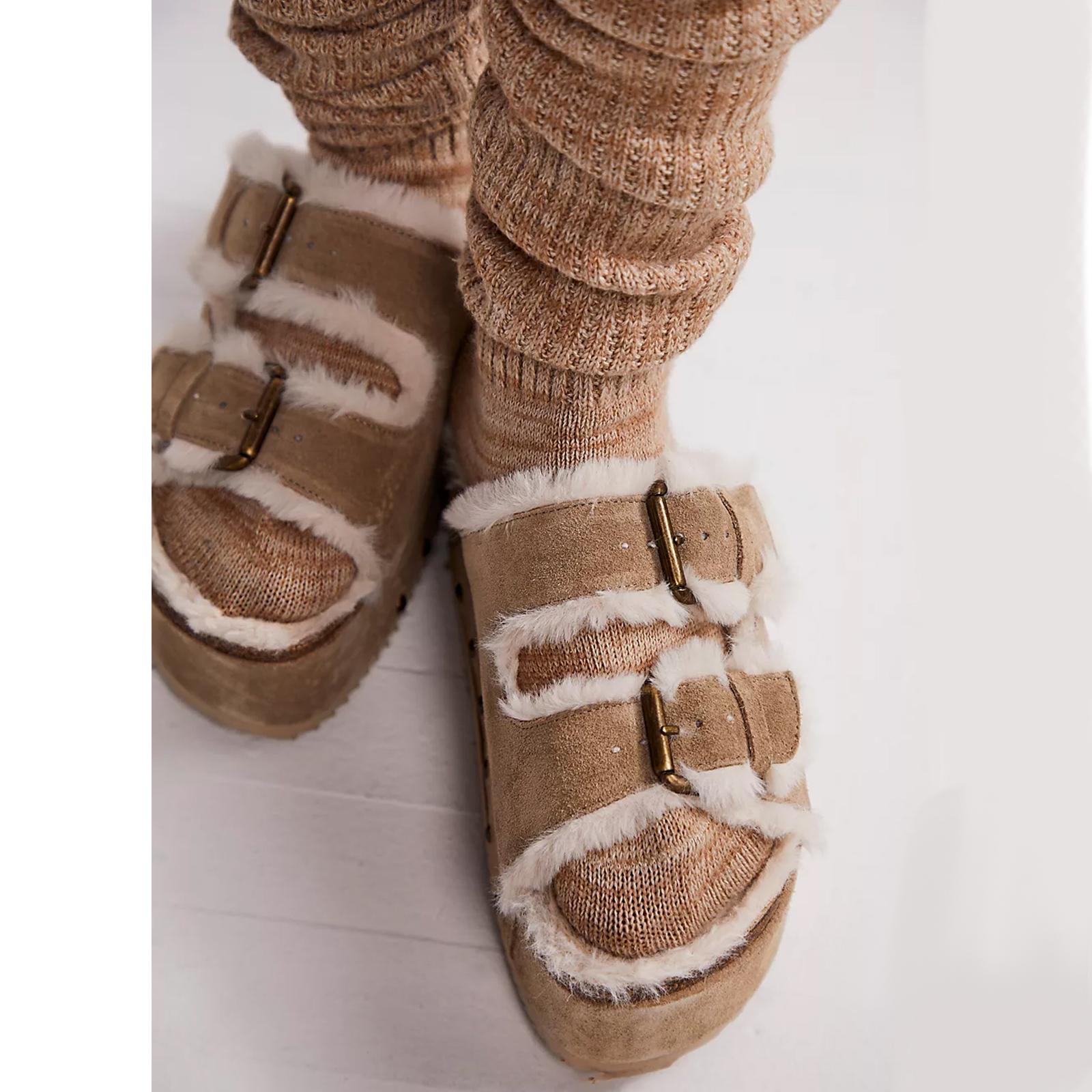 Tuhoomall Blue Faux Suede Fur-Lined Studs Double Buckle Strap Round Platform Cork Sandals Slippers