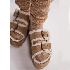 Tuhoomall Blue Faux Suede Fur-Lined Studs Double Buckle Strap Round Platform Cork Sandals Slippers