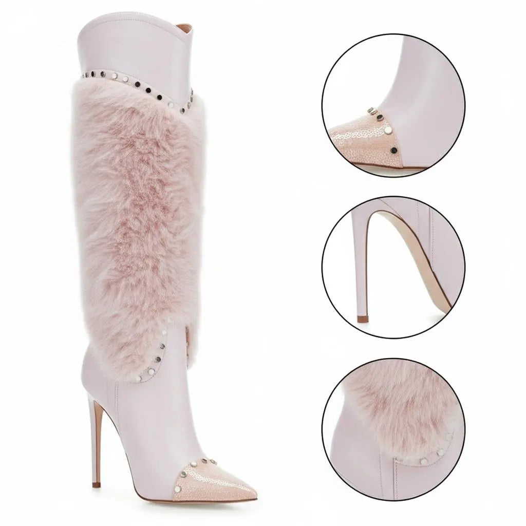 Tuhoomall Heel Fashion Boots for Women, Elegant Pointed Toe High Heels with Studs and Faux Fur, Ideal for Parties and Performances Tuhoomall