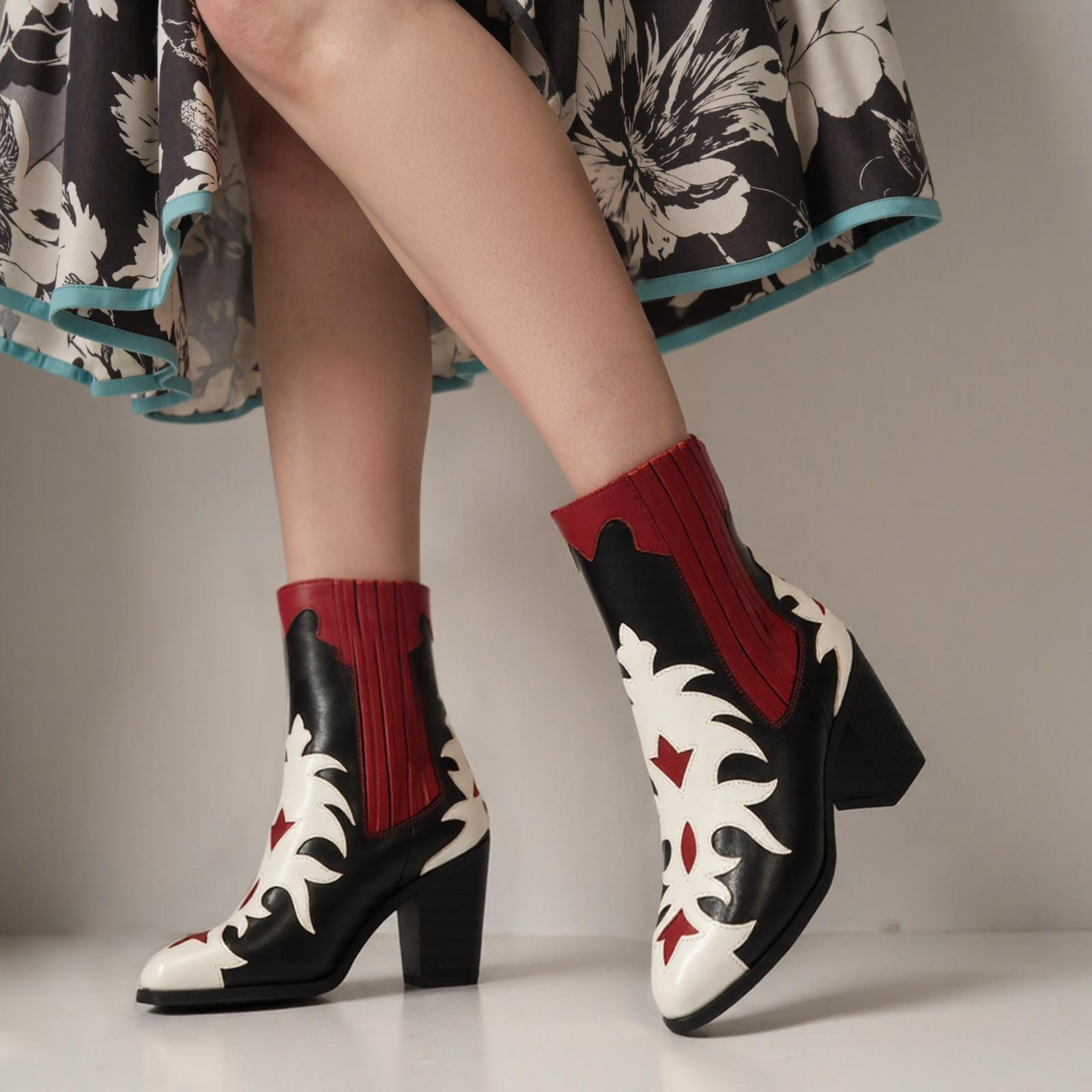 Tuhoomall Fashion Women's Short Boots with Chunky Heel, Pointed Toe, Floral Embroidery, Casual and Business Wear for All Seasons