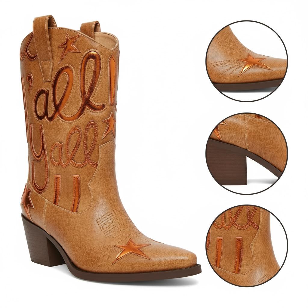 Tuhoomall Comfortable Western Boots for Fashion Parties and Daily Wear with Star and Letter Embroidery, Chunky Heel, Slip-On Design Tuhoomall