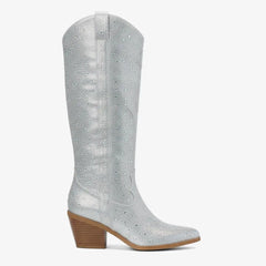 Tuhoomall Rhinestone Western Mid Calf Boots For Women - Chunky Heel & Easy Zip Closure, Stylish For Travel And Weddings Tuhoomall