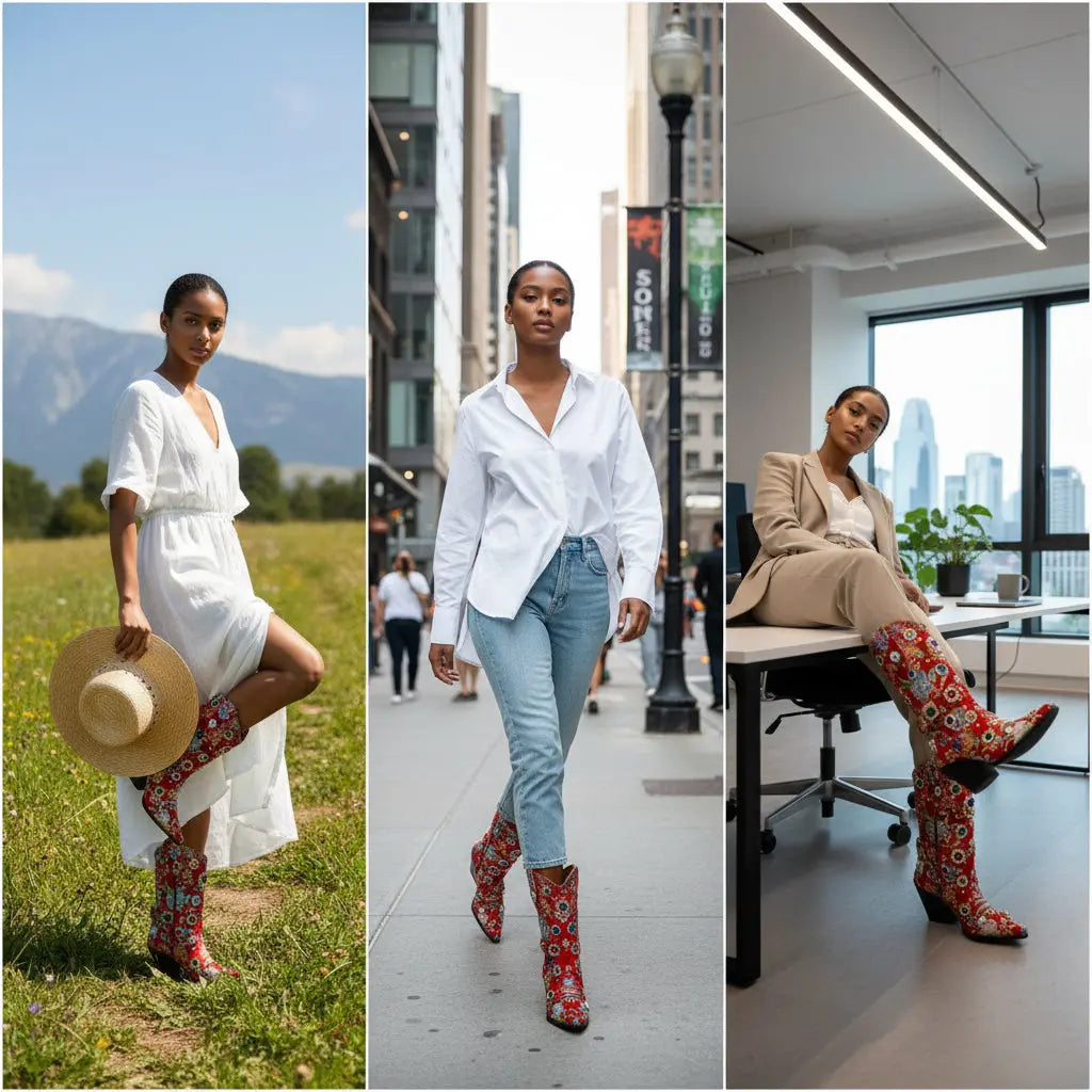 Tuhoomall Western Floral Embroidered Rhinestone Mid Calf Boots for Women, Chunky Heel, Water-Resistant Satin, Stylish for Spring Autumn Winter Tuhoomall