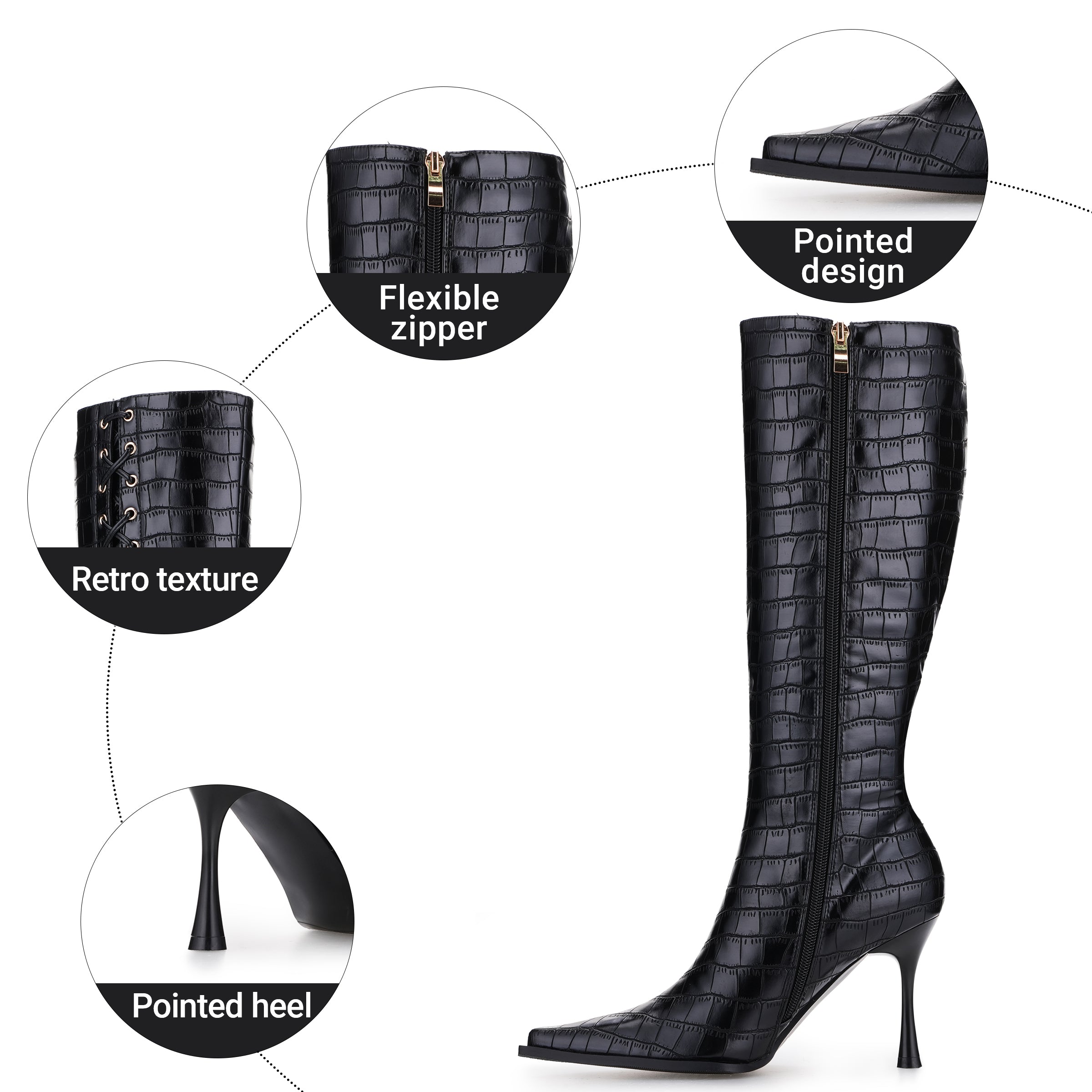 Tuhoomall Fashion Knee-High Boots for Women, Chic Style with Zipper and Stone Pattern, 9cm Stiletto Heels for Everyday and Work Use