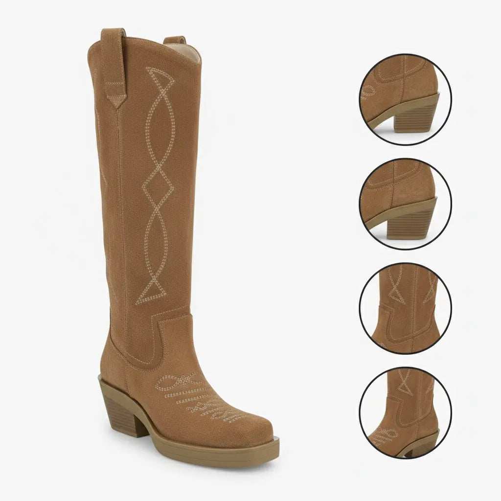 Tuhoomall Western Style Knee-High Cowboy Boots for Women, Casual Vintage Square Toe Chunky Heel, Embroidered Faux Suede, Spring Autumn Winter Tuhoomall