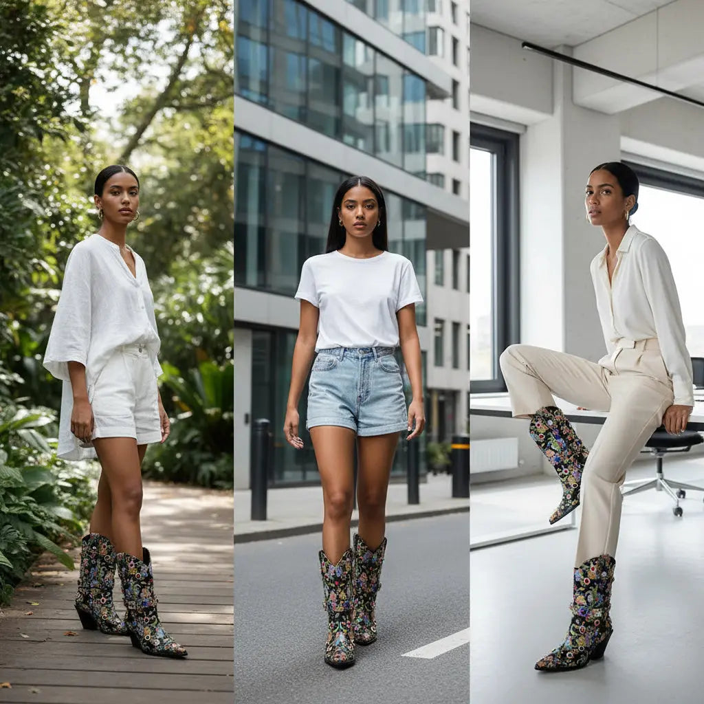 Tuhoomall Western Floral Embroidered Rhinestone Mid Calf Boots for Women, Chunky Heel, Water-Resistant Satin, Stylish for Spring Autumn Winter Tuhoomall